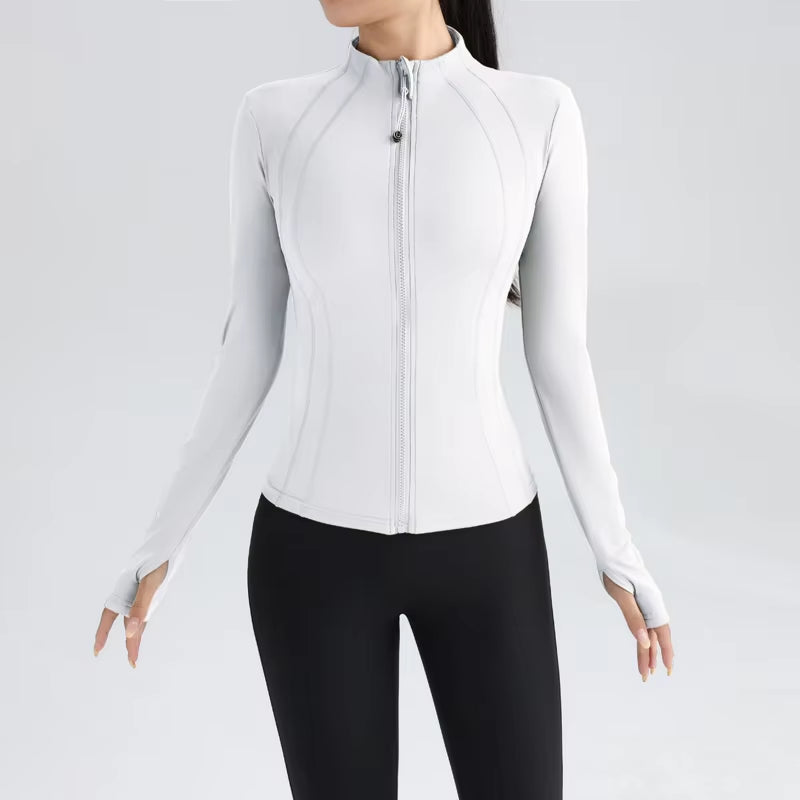 Gym Women'S Full Zip Yoga Top with Thumbholes Fitness Running Jacket Stretch Fit Long Sleeve round Neck Top Sportswear