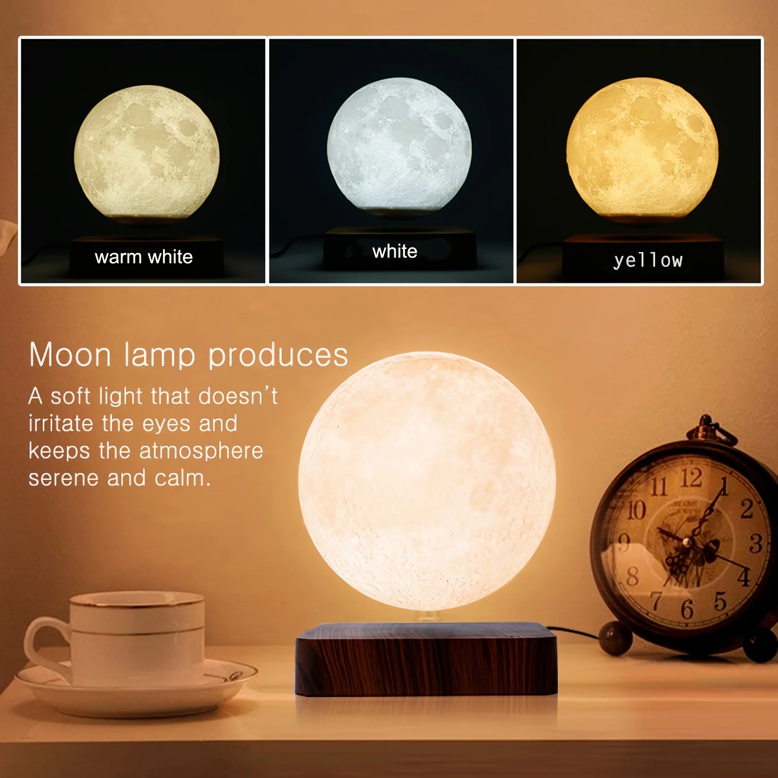 Levitating Moon Magnetic Floating Night Light, 3 Colors Temperature, Creative Table 3D LED Lamp with Wooden Base for Gift Office