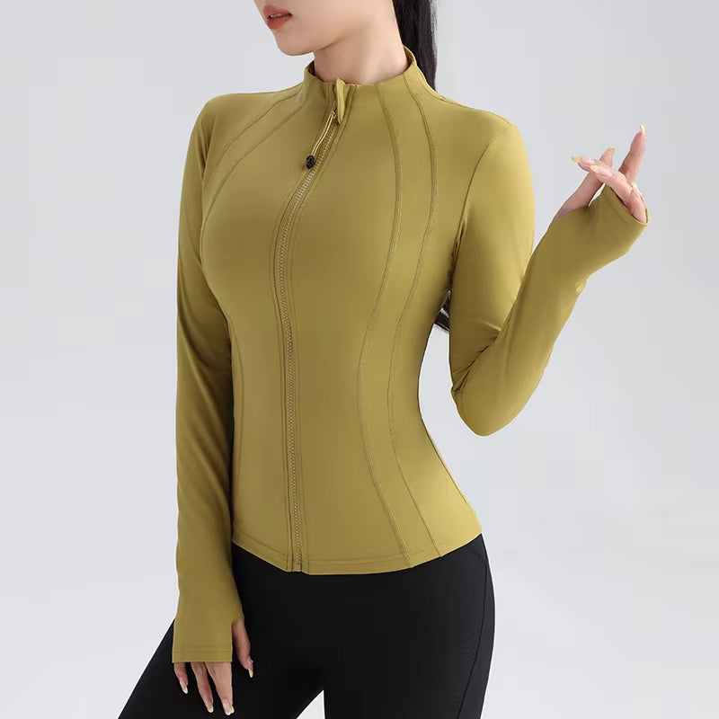 Gym Women'S Full Zip Yoga Top with Thumbholes Fitness Running Jacket Stretch Fit Long Sleeve round Neck Top Sportswear