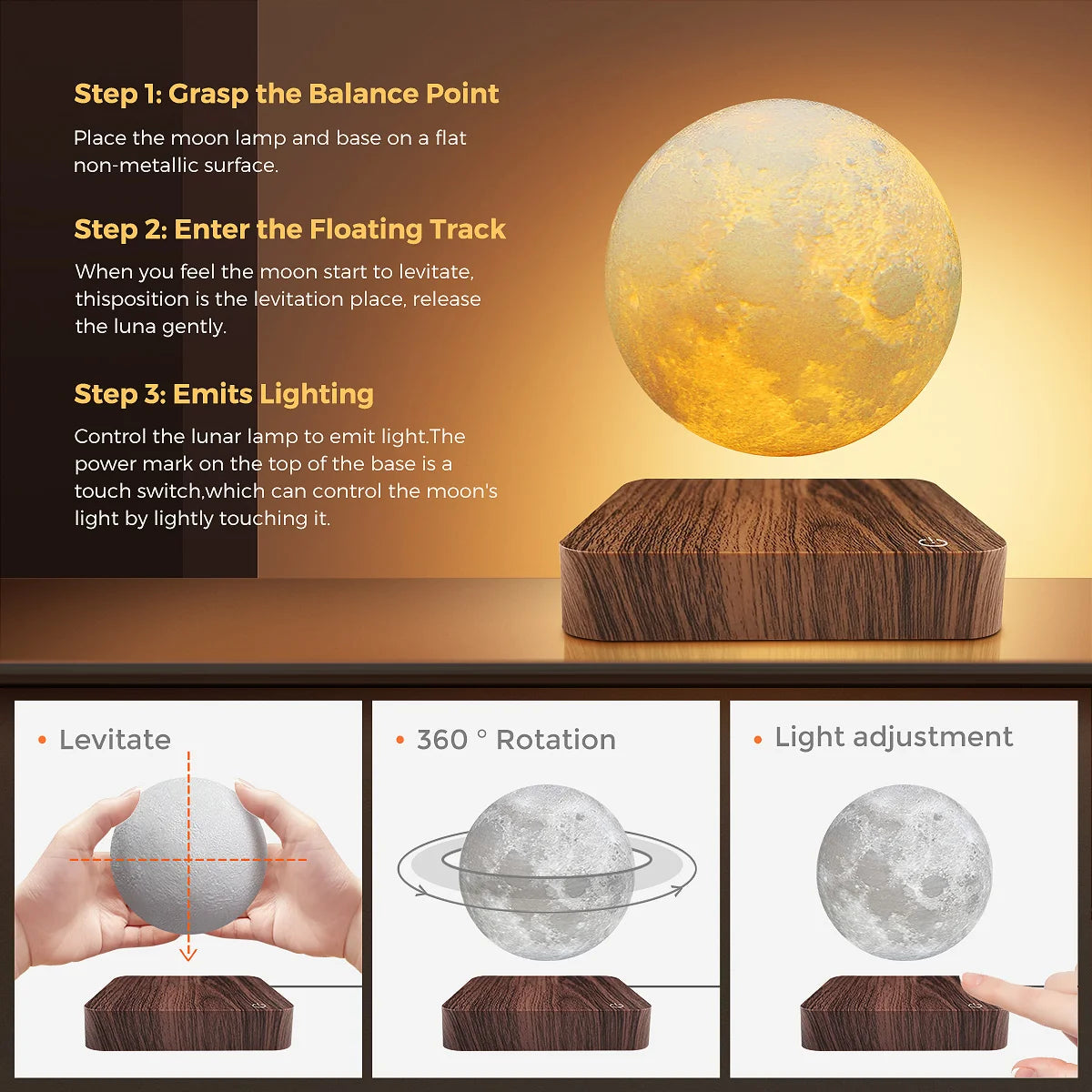 Levitating Moon Magnetic Floating Night Light, 3 Colors Temperature, Creative Table 3D LED Lamp with Wooden Base for Gift Office