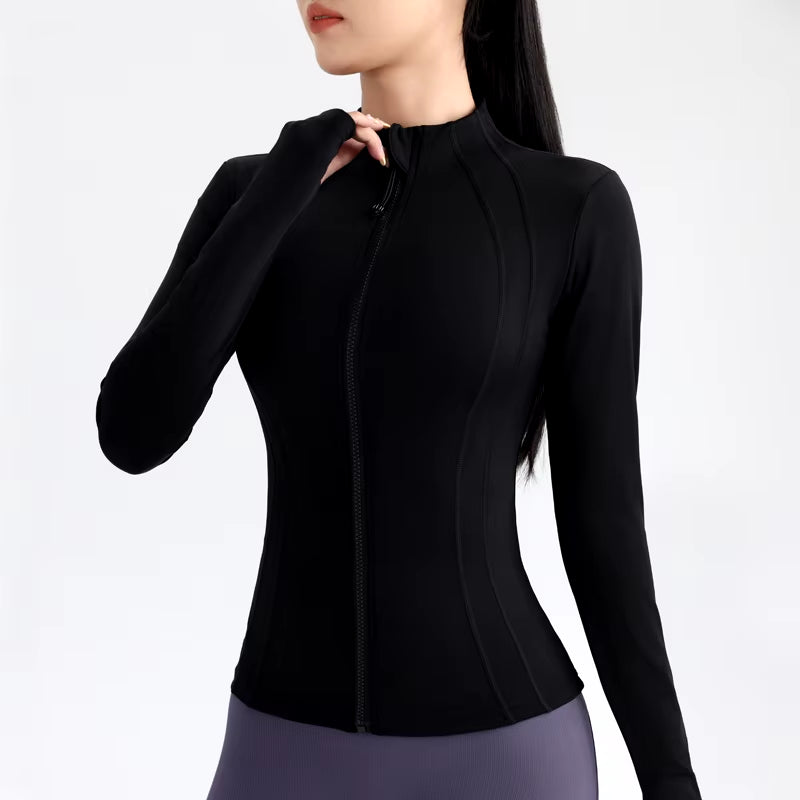 Gym Women'S Full Zip Yoga Top with Thumbholes Fitness Running Jacket Stretch Fit Long Sleeve round Neck Top Sportswear