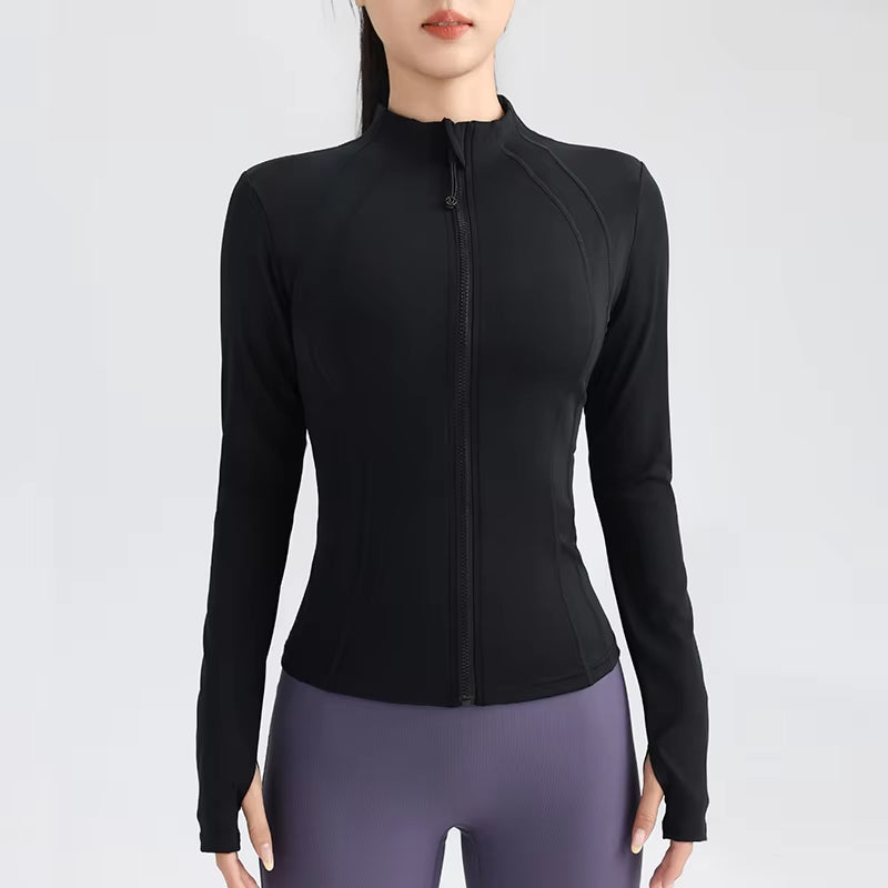 Gym Women'S Full Zip Yoga Top with Thumbholes Fitness Running Jacket Stretch Fit Long Sleeve round Neck Top Sportswear