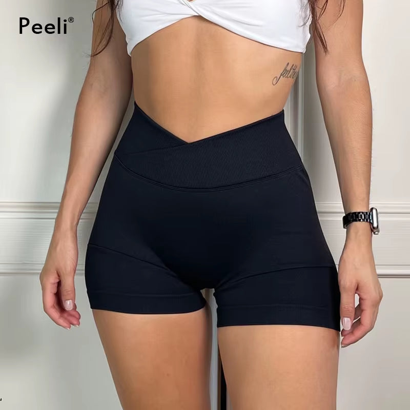 V Cross Waist Gym Shorts Women Clothes Scrunch Butt Yoga Shorts Booty Butt Lifting Biker Shorts Seamless Shorts Workout Leggings